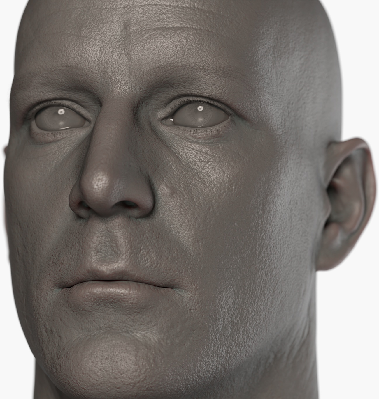 Clay render of a male head 3D scan showing fine skin pore detail and surface micro-geometry captured via photogrammetry
